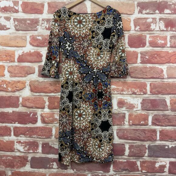 Connected Apparel Dress Women's 6 Multicolor Boho Floral Abstract Bell Sleeves - Picture 2 of 8